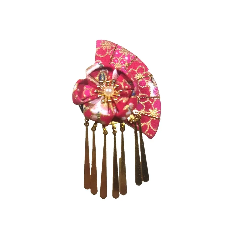 Asian Style Hair Barrette Clip Red Gold Tone Dangles Flower. Faux Pearl